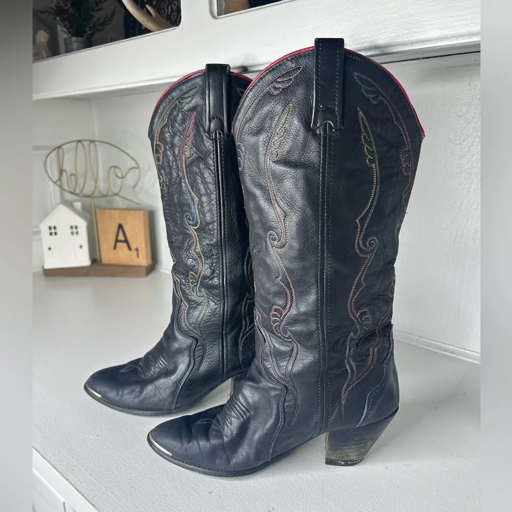 Vintage Acme Black Leather Cowboy Boots Women’s 7 Colorful Stitching, Metal Toe - Picture 1 of 9